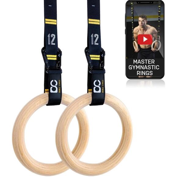 Double Circle Wood Gymnastics Rings - Quick Adjust Straps -Full Body Workout NEW - Picture 2 of 5